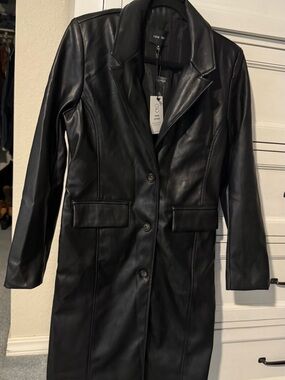 Love Tree Black Faux Leather Longline Blazer Coat